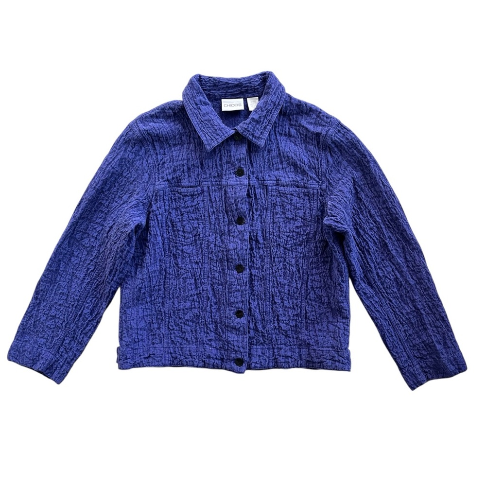 Chico’s Womens 2 L/12 Royal Blue Silk Wool Blend Texture Long Sl Button Up Shirt